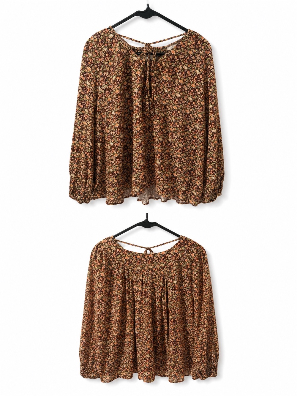 Natural Life Floral Boho Peasant Tunic Top Brown  Tie Size L